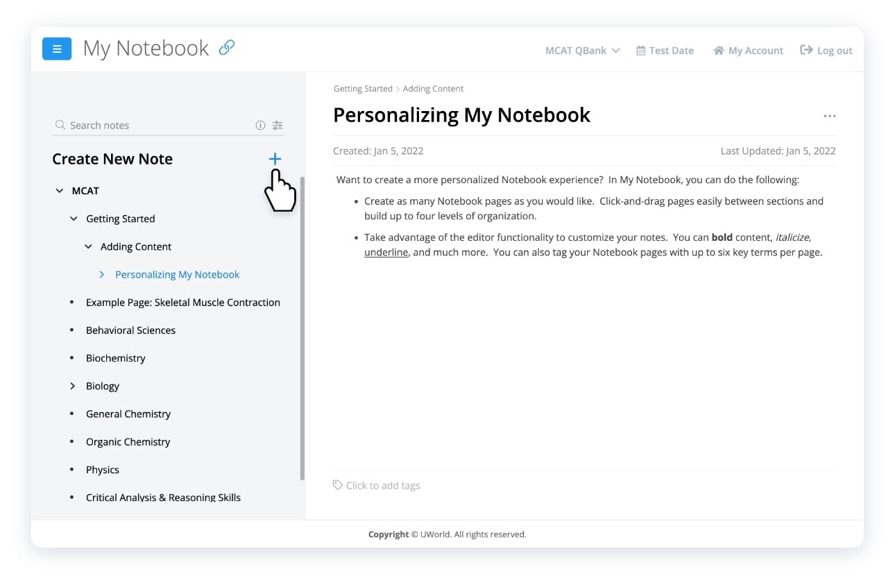UWorld MCAT QBank: Customize My Notebook