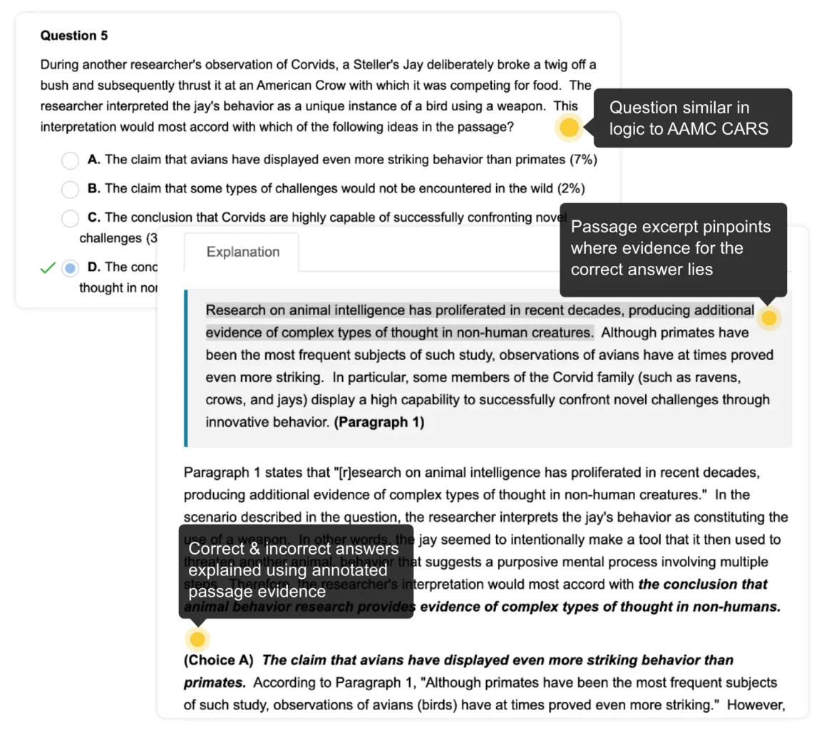 UWorld MCAT CARS passage with highlighted reasoning trail