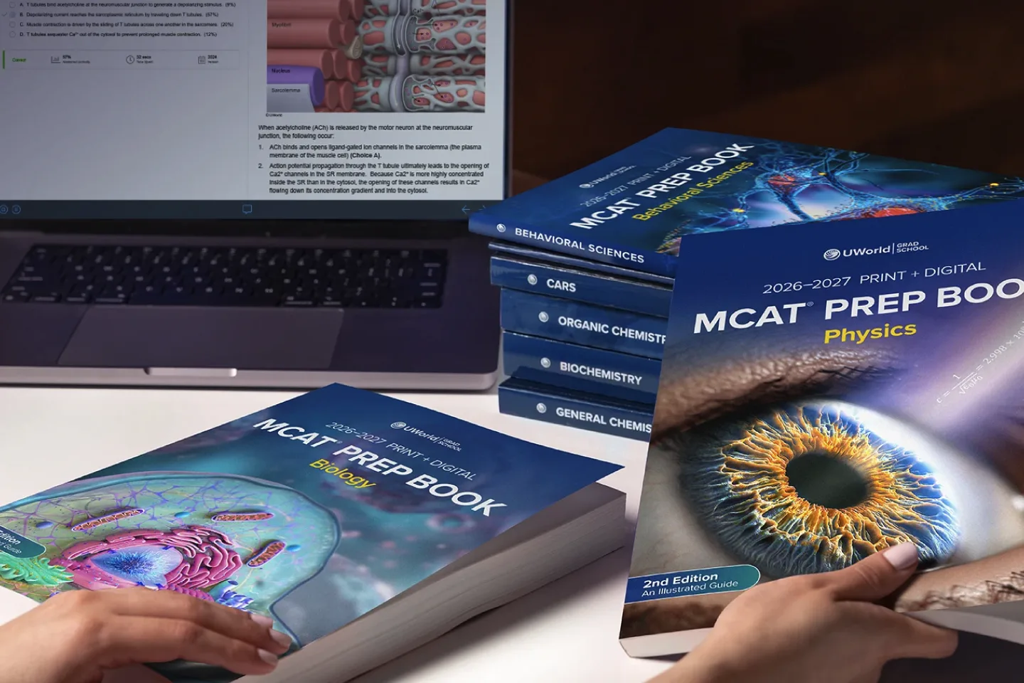 Student reading a UWorld MCAT prep book (UBook)