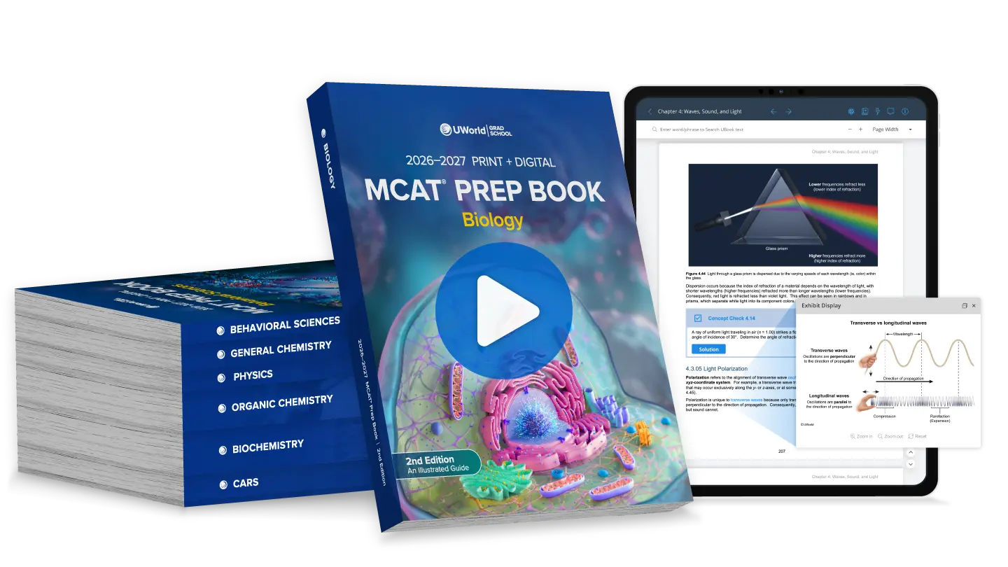 UWorld MCAT UBook set with a Biology book featuring a cell on the cover.