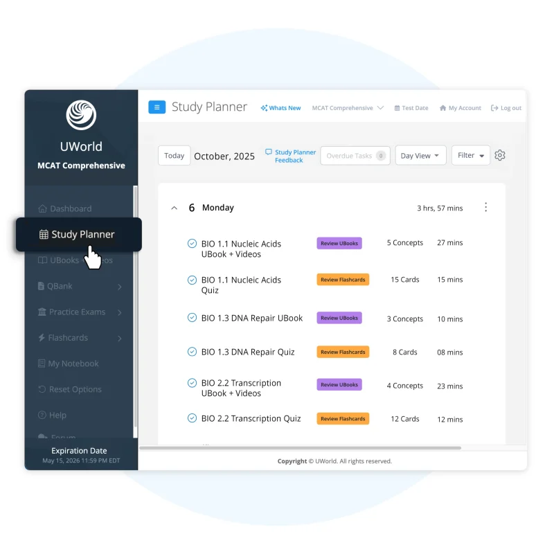 UWorld MCAT study planner feature